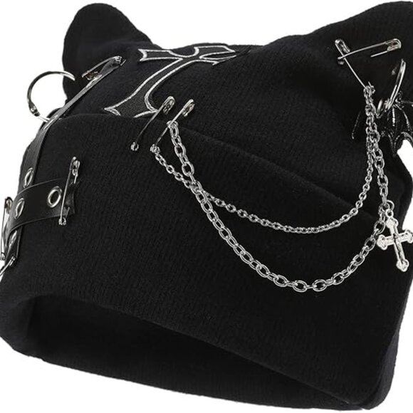 Goth Decorated Hat‎ Beanie Punk Cat Ear Y2k Grunge Brand New !!